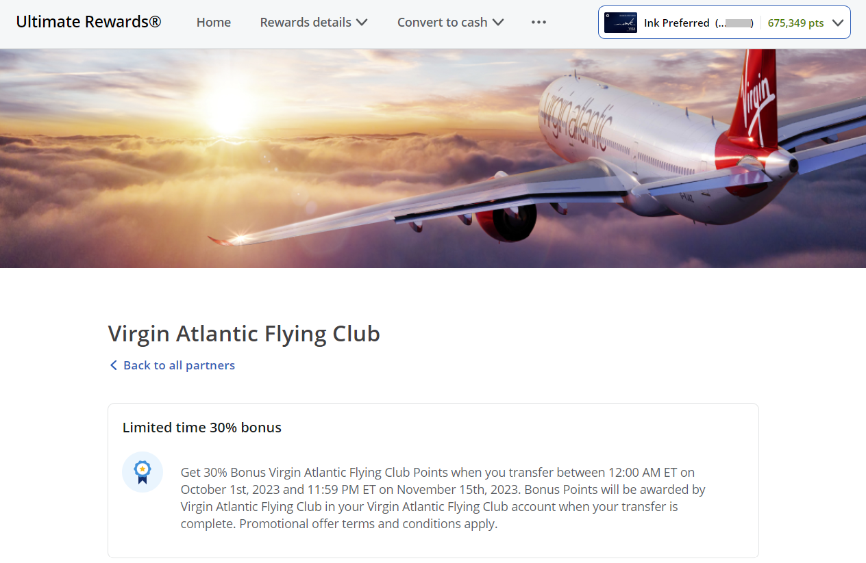 30 Transfer Bonus Chase Ultimate Rewards to Virgin Atlantic
