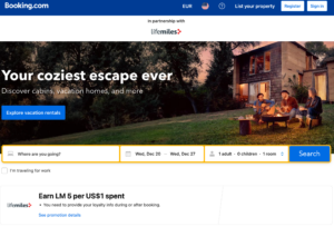 Booking.com portal with promotion to earn 4 LifeMiles for every $1 spent.